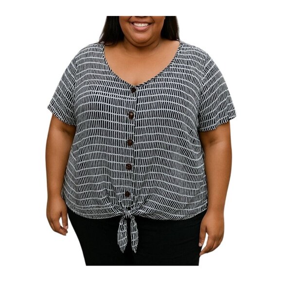 NY Collection Tops - NY Collection Womens Black & White Stripe Faux Button Tie-Front Top Size 3X